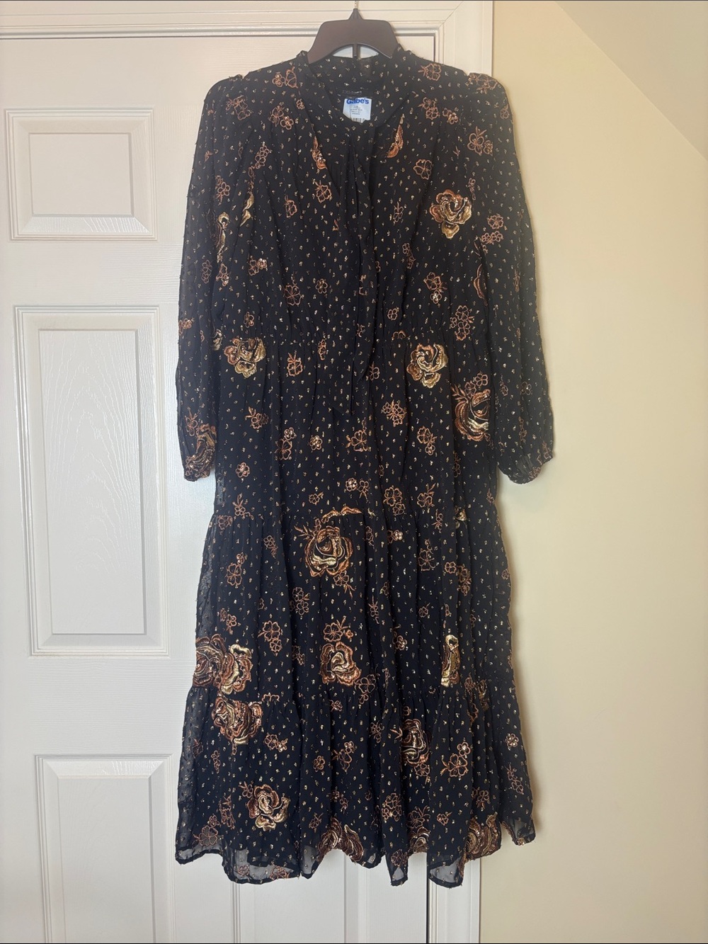 NWT Express Black & Gold Metallic Floral Long Sleeve Dress size XL